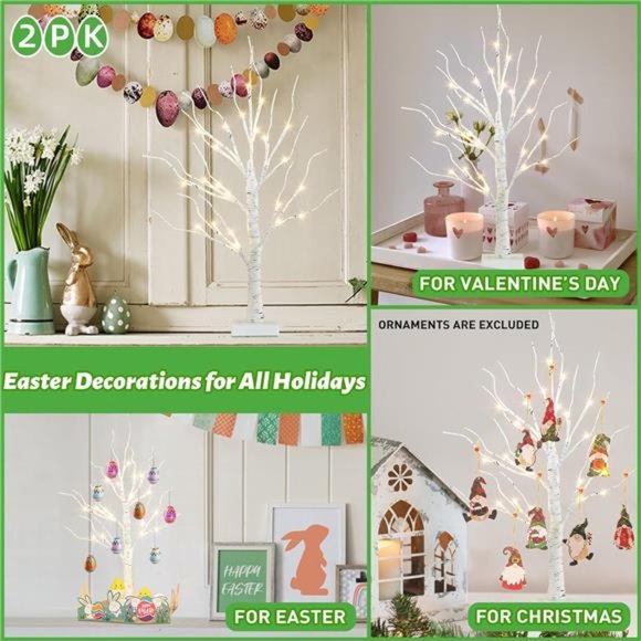 Easter Tree, 2FT Birch Tree with LED Lights, Battery Powered, Timer (2PK) - Picture 6 of 7